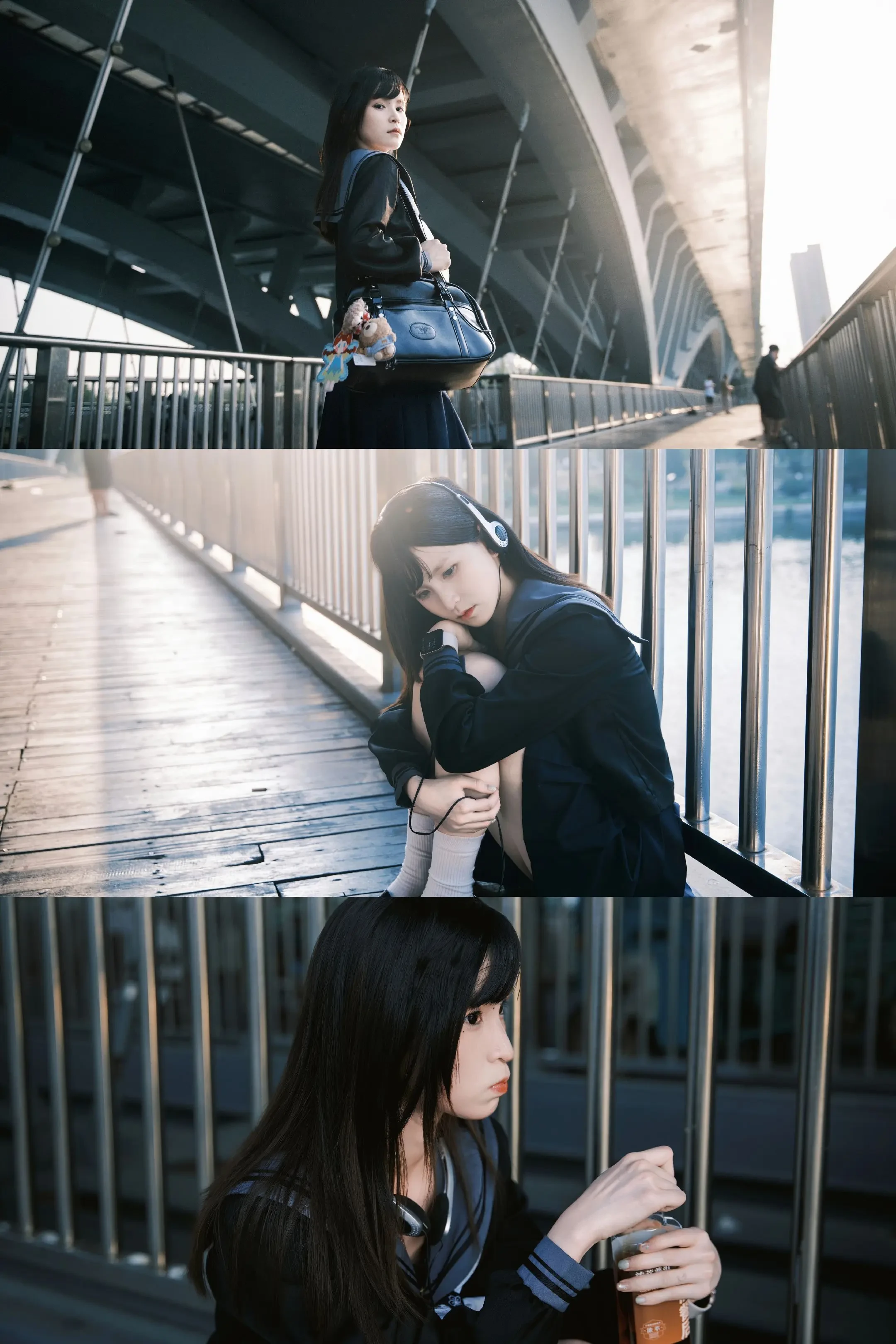 夕阳下的高架桥，黄昏与jk少女。新沂马陵